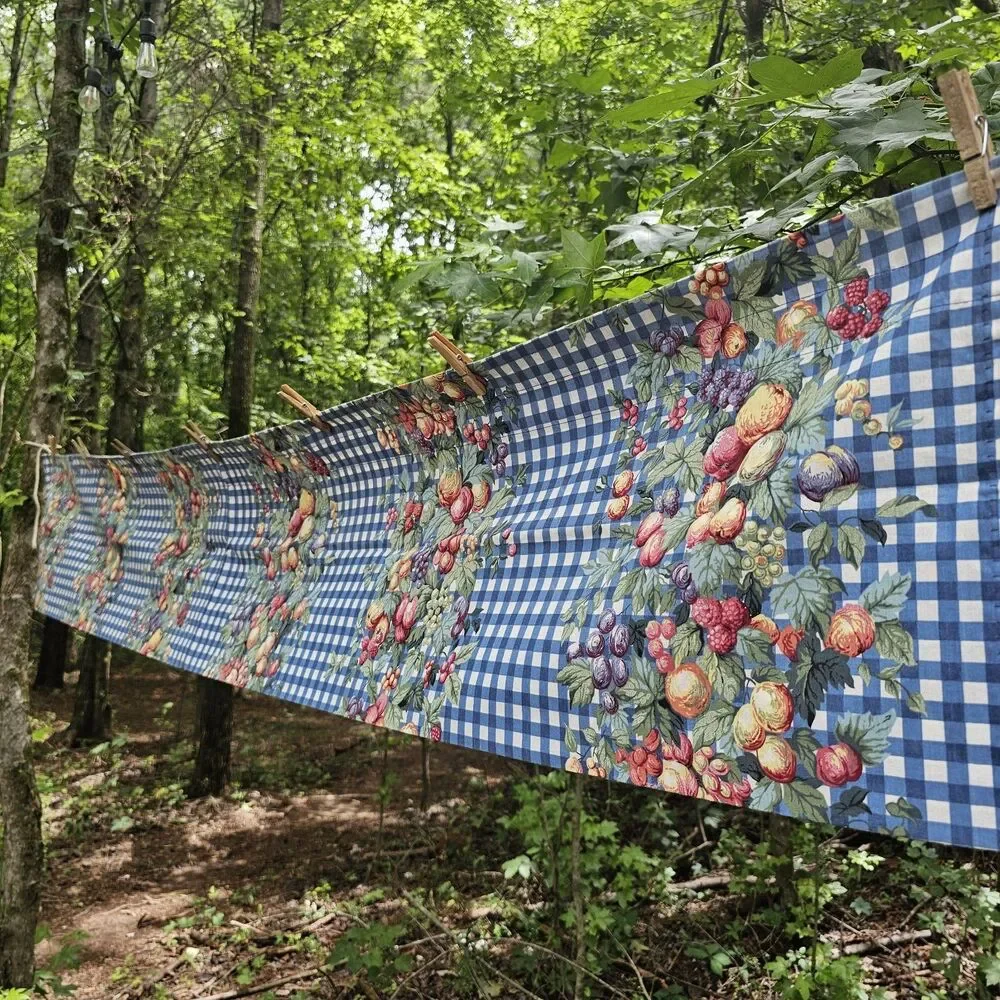 Vintage JCPenney Fruit & Blue Gingham Window Valance 90x14 Cottage Farmhouse